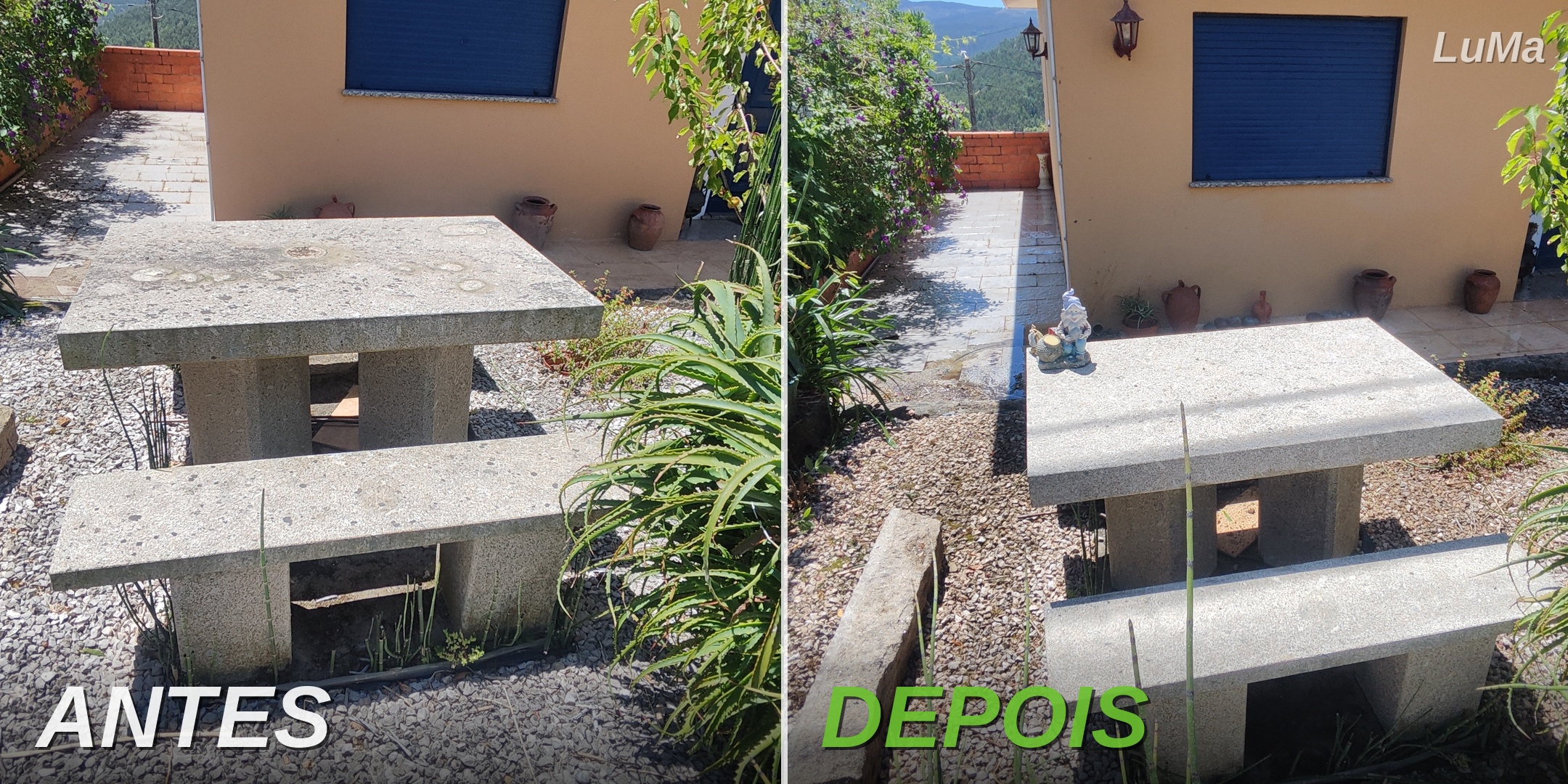 Mesa de jardim em pedra antes e depois da limpeza LuMa